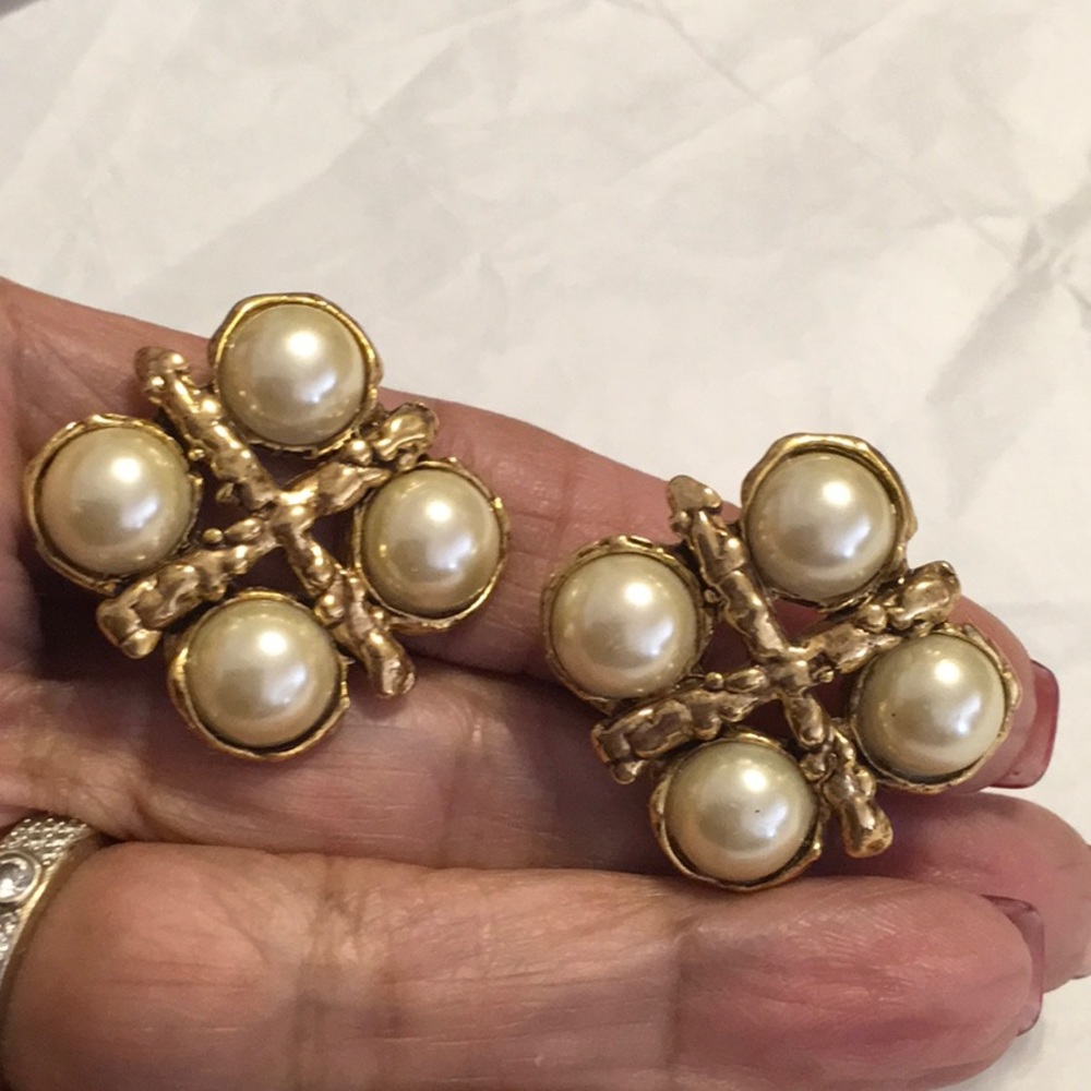 Earrings, Antique Gold Finish, with Faux Pearls, CLIP EARRINGS, 1” square,light